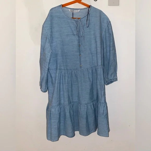 blue smock dress zara 13DE MARZO Smocked Bouquet Sleeve Long Dress｜Blue main image 0